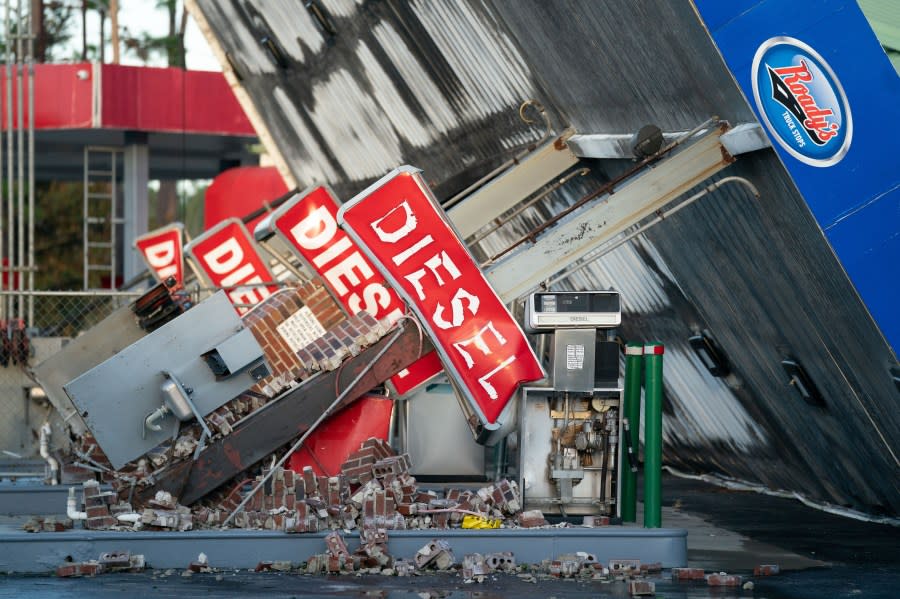 A storm-damaged gas station is seen after Hurricane Idalia crossed the state on August 30, 2023 in Perry, Florida. The storm made landfall at Keaton Beach, Florida as a category 3 hurricane. (Photo by Sean Rayford/Getty Images)