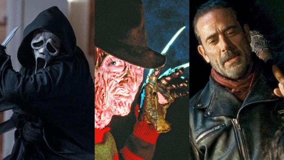 split image of ghostface with knife, freddy with bladed fingers, and negan holding barbed wire Baseball bat for three of the best and iconic horror weapons ever