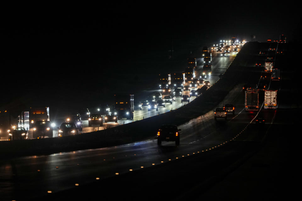 Heavy traffic flows north on Interstate-75 in Ocala, Florida, on Monday as people evacuate the Tampa Bay area ahead of Hurricane Milton's arrival. (Julio Cortés/AP)