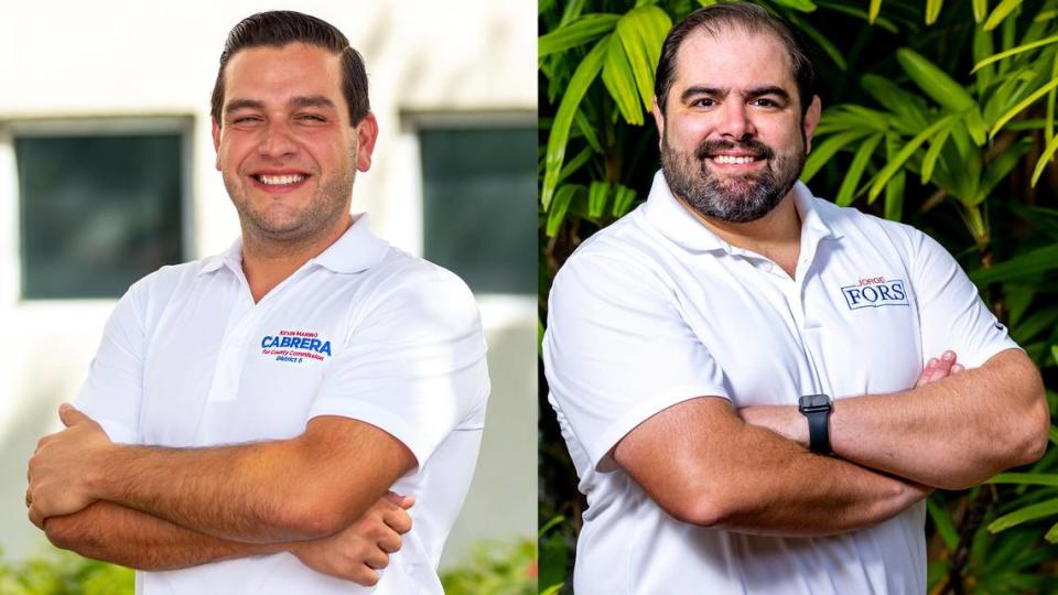 Kevin Marino Cabrera, a la izquierda, y Jorge Fors Jr. fueron los dos candidatos en la segunda ronda de las elecciones para el puesto del Distrito 6 de la Comisión del Condado Miami-Dade que deja vacante Rebeca Sosa, cuyo mandato está limitado. Fotos de Danny Varela.