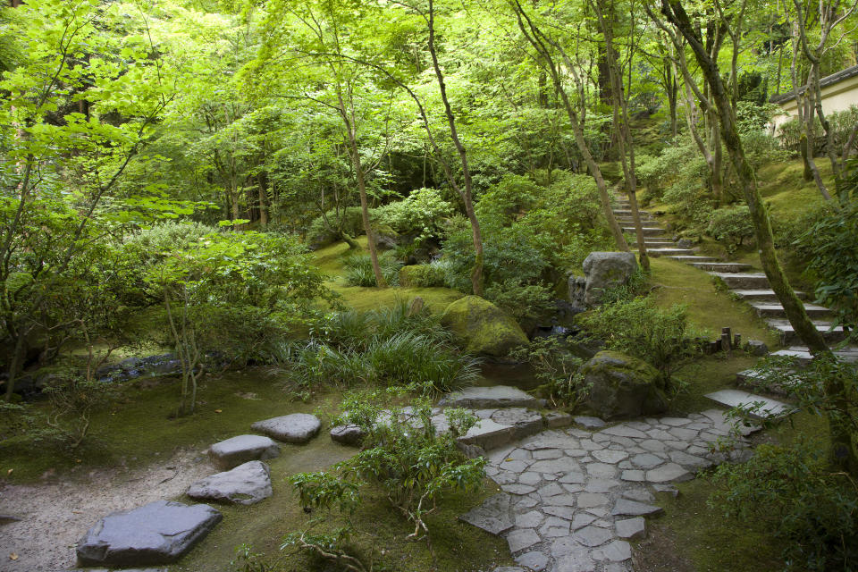 This photo provided by Portland Japanese Garden shows two pavement styles in their Natural garden. (Jack Jakobsen/Portland Japanese Garden via AP)