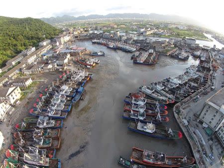 Fishing boats are anchored at a bay as Typhoon Nepartak approaches, in Cangnan, Wenzhou, Zhejiang province, China, July 7, 2016. Picture taken July 7, 2016. REUTERS/Stringer