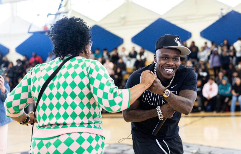 Rapper DaBaby performs a surprise concert at Garinger High School in Charlotte, N.C., on Monday, April 22, 2024.