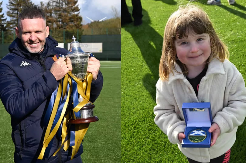 After lifting the Lowland League trophy, Mick Kennedy gifted his medal to three-year-old fan Charlotte Sullivan -Credit:Gaynya Jo