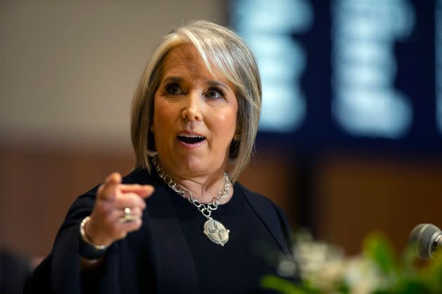 New Mexico Gov. Michelle Luján Grisham delivers her State of the State address at the opening day of an annual legislative session in the House of Representatives in Santa Fe, New Mexico, on Tuesday, Jan. 17, 2023. Lujan Grisham called for new gun control laws and greater accountability for firearms manufacturers while denouncing recent drive-by shootings against state legislators and a national 