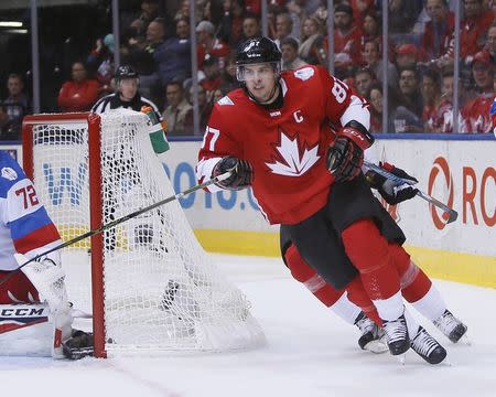 Sep 24, 2016; Toronto, Ontario, Canada; Team Canada forward Sidney Crosby (87) goes past the Team Russia net during a semifinal game in the 2016 World Cup of Hockey at Air Canada Centre. Mandatory Credit: John E. Sokolowski-USA TODAY Sports