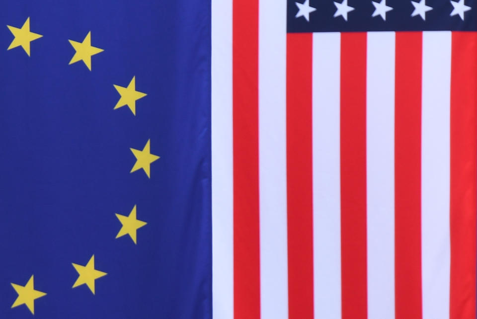 The European flag and the flag of the United States of Americas seen in Dublin centre. Photo: Artur Widak/NurPhoto