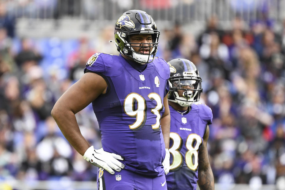 FILE - Baltimore Ravens defensive end Calais Campbell (93) looks on between plays during the first half of an NFL football game against the Los Angeles Rams, Sunday, Jan. 2, 2022, in Baltimore. Defensive tackle Calais Campbell has been with Baltimore just two seasons, and at age 35, it's not clear what his future holds. (AP Photo/Terrance Williams, File)