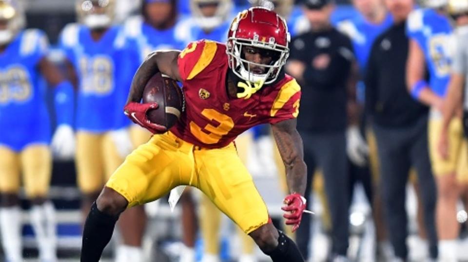 Southern California Trojans wide receiver Jordan Addison (3) runs the ball against the UCLA Bruins during the first half at the Rose Bowl