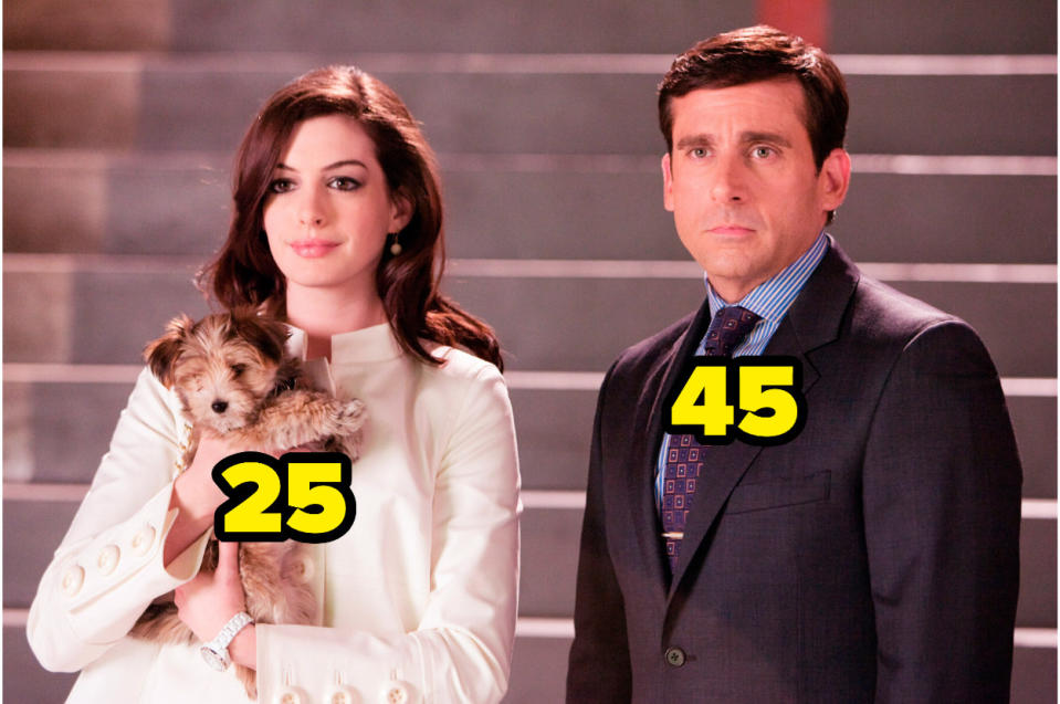25-year-old Anne Hathaway, holding a puppy, stands next to 45-year-old Steve Carrell