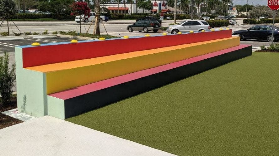 The "Big Bench" at Oakwood Square is by Andrew Kovacs, an artist based in Los Angeles.