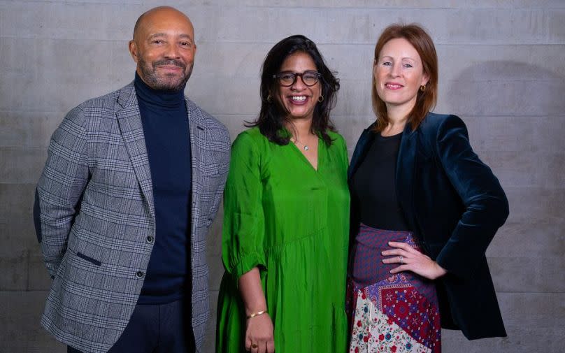 Sir Damon Buffini, Chair, Indhu Rubasingham, Director Designate, and Kate Varah, Executive Director, National Theatre.