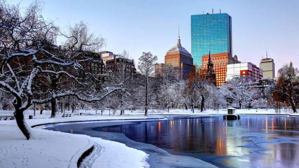 Snow covered Boston Public Garden.