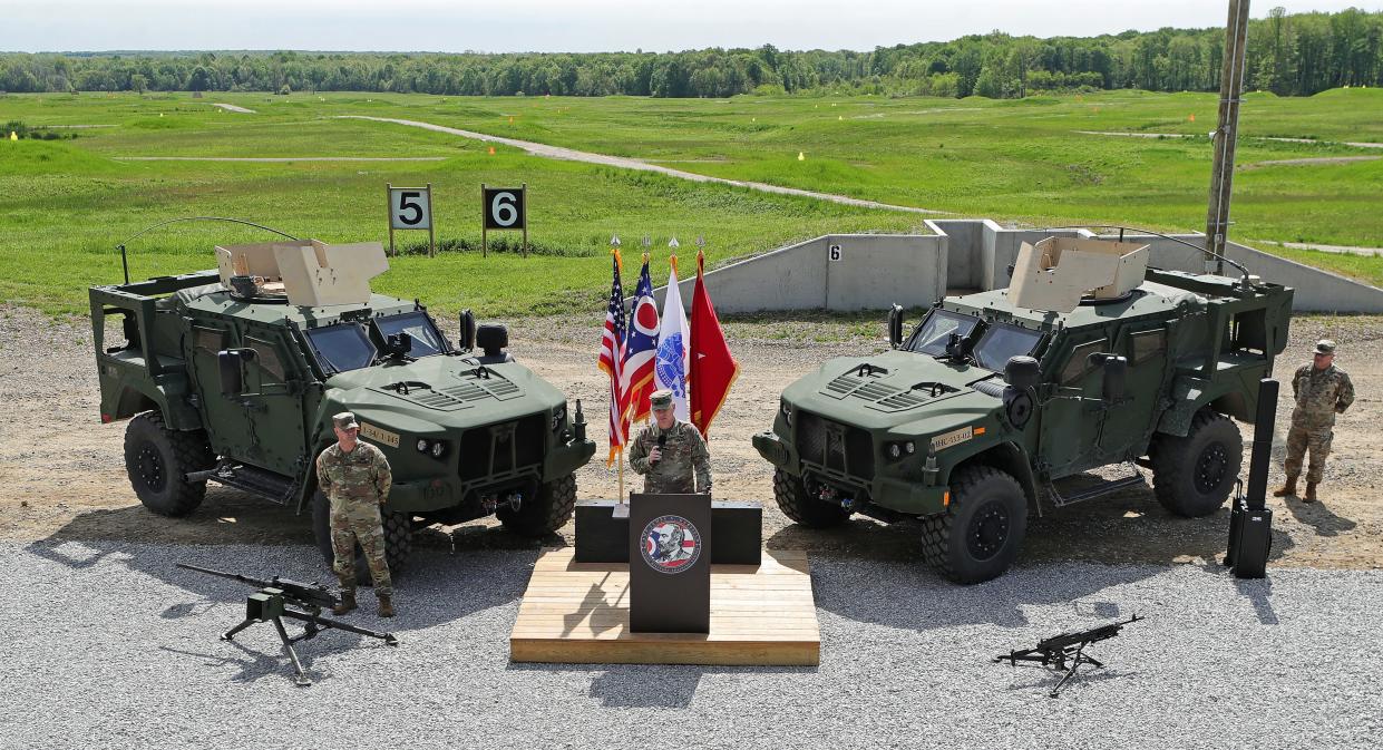 Brig. Gen. Matt Woodruff, assistant adjutant general for the Army, speaks Tuesday, May 7, 2024, during a ceremony celebrating the opening of the new Multipurpose Machine Gun Range at Camp James A. Garfield Joint Military Training Center.