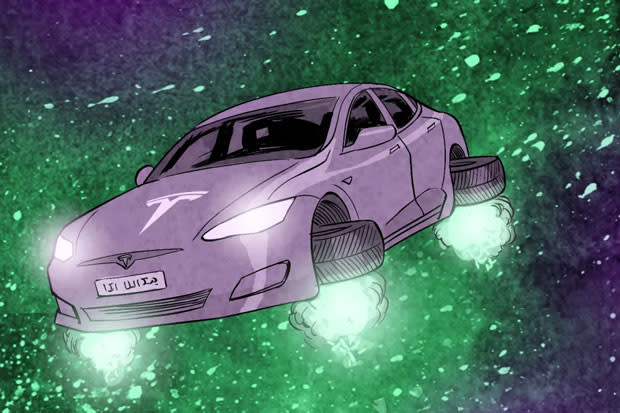 An image of a Tesla Model S with wheels mounted horizontally to resemble a flying car from Back to the Future on a green starscape.
