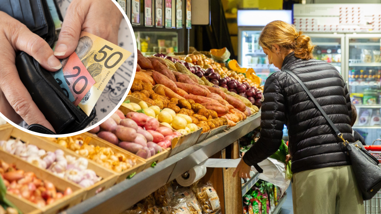 Woman shopping for fresh produce as inflation falls, with an inset of a hand holding a wallet and money