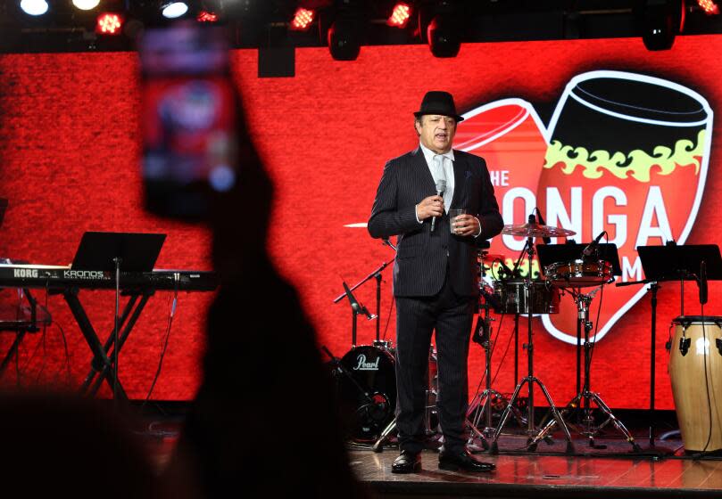 LOS ANGELES, CALIFORNIA - MARCH 28: Comedian Paul Rodriguez entertains at the Conga Room during a farewell show after 25 years in business. (Wally Skalij/Los Angeles Times)