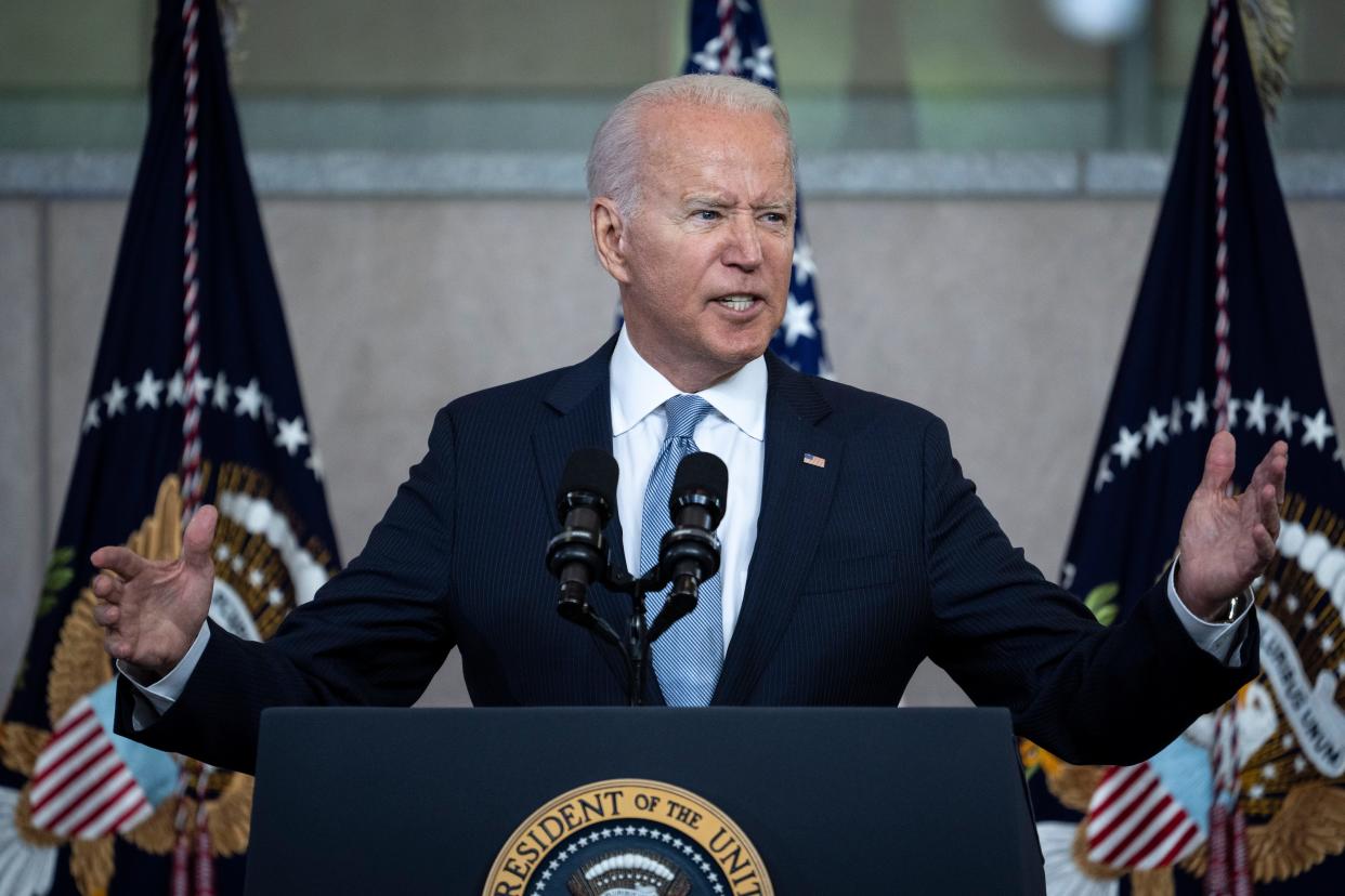 U.S. President Joe Biden speaks about voting rights at the National Constitution Center on July 13, 2021 in Philadelphia, Pennsylvania. Biden and Congressional Democrats are set to make another push for sweeping voting rights legislation as Republican state legislatures across the country continue to pass controversial and restrictive voting access laws. (Photo by Drew Angerer/Getty Images)