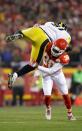 <p>Free safety Ron Parker #38 of the Kansas City Chiefs tackles tight end Jesse James #81 of the Pittsburgh Steelers in after a catch for a first down in the first quarter of the AFC Divisional Playoff game at Arrowhead Stadium on January 15, 2017 in Kansas City, Missouri. (Photo by Jamie Squire/Getty Images) </p>