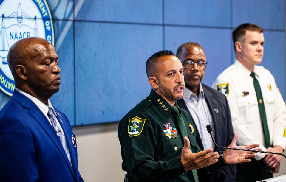 Lee County Sheriff Carmine Marceno updates the media on a case involving an in-custody death that occurred last week.  Lee County NAACP President James Muwakkil was also present to speak.  