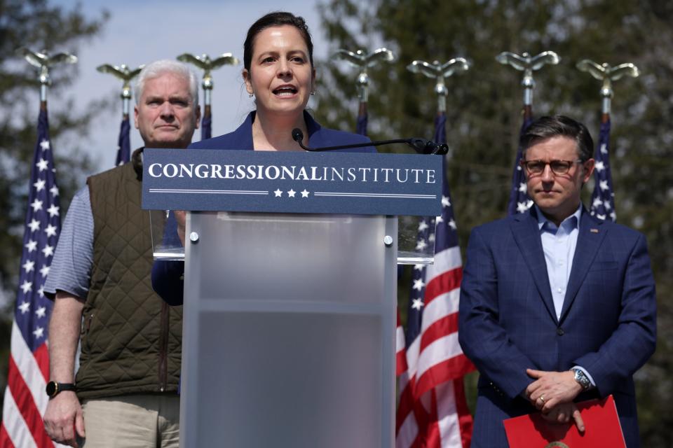 U.S. House Republican Conference Chair Rep. Elise Stefanik, R-N.Y., speaks as Speaker of the House Rep. Mike Johnson, R-La., (R) and House Majority Whip Rep. Tom Emmer, R-Minn., listen during remarks regarding Senate Majority Leader Sen. Chuck Schumer’s, D-N.Y., criticism of Israeli Prime Minister Benjamin Netanyahu’s government and his call for a new election in Israel at the Greenbrier Hotel on March 14, 2024 in White Sulphur Springs, West Virginia.