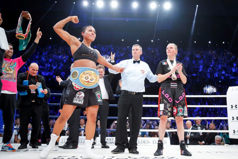 FILE PHOTO: Cecilia Braekhus of Norway celebrates after winning the boxing match against Anne-Sophie Mathis of France during the boxing event The Homecoming in Oslo Spektrum in Oslo