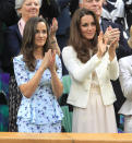 <p>At the Wimbledon 2012 championships with her big sister as her date, Pippa cut a fashion forward figure in a £350 ‘Phoebe’ frock from Project D, decorated with bluebirds. She paired the look with Jaeger shoes. <i>[Photo: PA Images]</i> </p>
