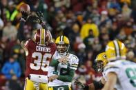FILE PHOTO: Nov 20, 2016; Landover, MD, USA; Washington Redskins safety Su'a Cravens (36) deflects a pass from Green Bay Packers quarterback Aaron Rodgers (12) intended for Packers wide receiver Jordy Nelson (87) in the second quarter at FedEx Field. Geoff Burke-USA TODAY Sports