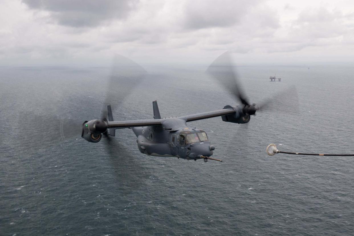 A US Air Force CV-22 Osprey during a training exercise over the North Sea with UK allies: PA