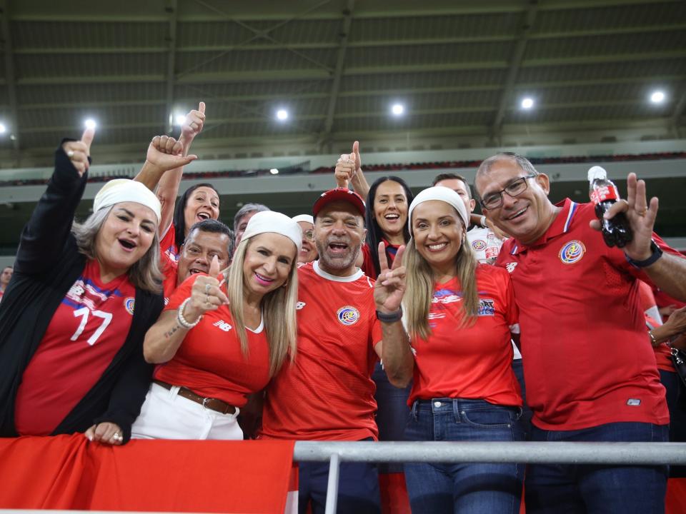 Costa Rica's fans cheer before the World Cup 2022 qualifying play-off soccer match between New Zealand and Costa Rica in Al Rayyan, Qatar.