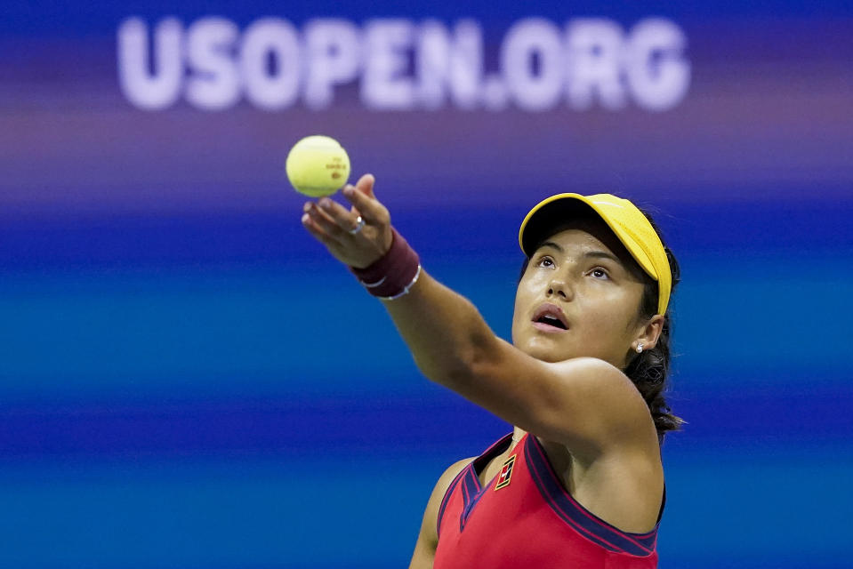 Emma Raducanu, of Great Britain, serves to Maria Sakkari, of Greece, during the semifinals of the US Open tennis championships, Thursday, Sept. 9, 2021, in New York. (AP Photo/Elise Amendola)