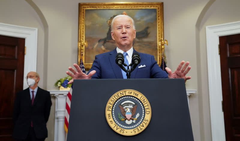 U.S. President Joe Biden and Supreme Court Justice Stephen Breyer discuss Breyer's pending retirement at the White House in Washington