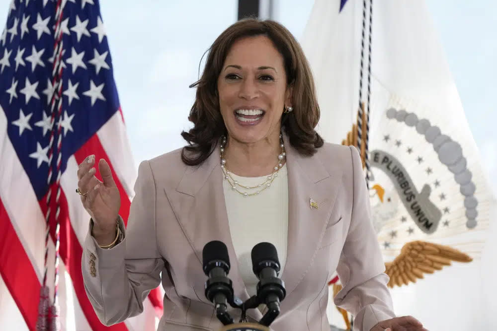 Vice President Kamala Harris speaks during a visit to the University of Miami’s Rosenstiel School of Marine, Atmospheric, and Earth Science on April 21, 2023, in Key Biscayne, Fla. (AP Photo/Rebecca Blackwell, File)