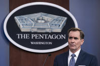 FILE - In this Wednesday, Feb. 17, 2021, file photo, Pentagon spokesman John Kirby speaks during a media briefing at the Pentagon, in Washington. Kirby announced late Thursday, Feb. 25, 2021, that the U.S. military conducted airstrikes against facilities in eastern Syria that the Pentagon said were used by Iran-backed militia groups, in response to recent attacks against U.S. personnel in Iraq. Kirby said the action was authorized by President Joe Biden. (AP Photo/Alex Brandon, File)