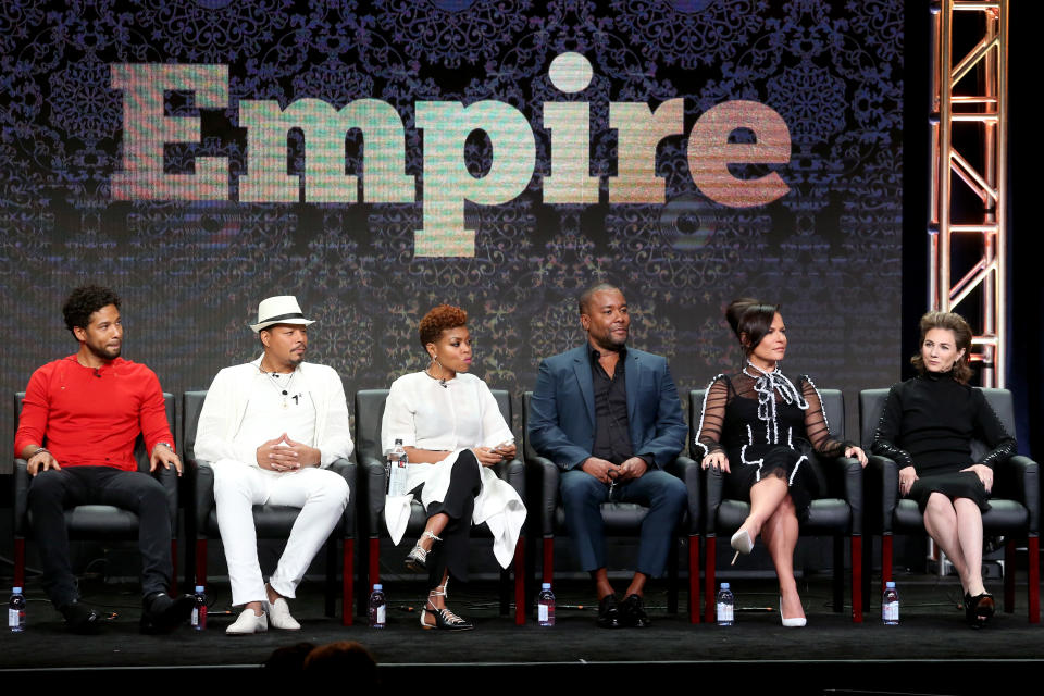 Actors Jussie Smollett, Terrence Howard, Taraji P. Henson, Co-Creator/Writer/Executive Producer Lee Daniels, and Executive Producers Sanaa Hamri and Ilene Chaiken of ‘Empire’ speak onstage during the FOX portion of the 2017 Summer Television Critics Association Press Tour at The Beverly Hilton Hotel on August 8, 2017 in Beverly Hills, California.