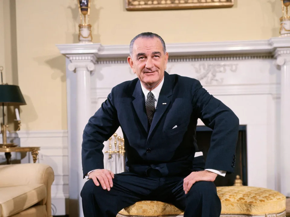 President Lyndon B. Johnson in the Oval Sitting Room of the family quarters of the White House in Washington, DC.