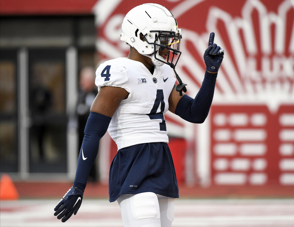 Penn State Nittany Lions cornerback Kalen King (4) celebrates after a turnover during the second half at Memorial Stadium. Mandatory Credit: Robert Goddin-USA TODAY Sports