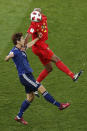 <p>Japan’s Yuya Osako, right, and Belgium’s Vincent Kompany vie for the ball during the round of 16 match between Belgium and Japan at the 2018 soccer World Cup in the Rostov Arena, in Rostov-on-Don, Russia, Monday, July 2, 2018. (AP Photo/Hassan Ammar) </p>