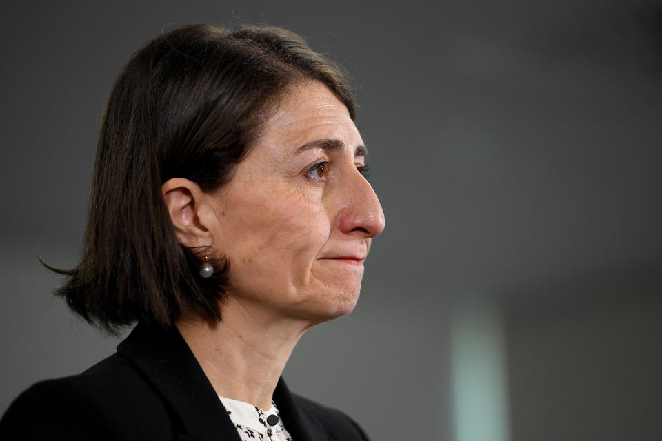 NSW Premier Gladys Berejiklian provides a Covid-19 update at RFS Headquarters, in Sydney.