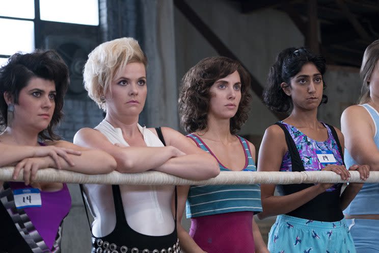 Johnson, Gatewood, Alison Brie, and Sunita Mani in ‘GLOW’ (Photo: Netflix)