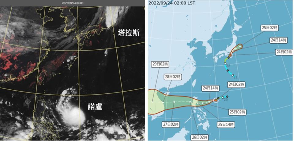 左圖：「輕颱塔拉斯」在日本南方海面，高、低層分離。「輕颱諾盧」呂宋島東方海面，範圍小。右圖為中央氣象局預測兩颱風路徑潛勢圖。