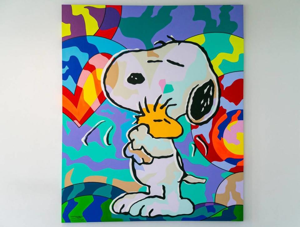 Graffiti pop artist Jozza’s artwork “Snoopy and Woodstock” hangs on the second floor of Joe DiMaggio Children’s Hospital in Hollywood on Friday, June 18, 2021. “Snoopy and Woodstock” was donated to the hospital by Kip Hunter and her husband, Joey Epstein.