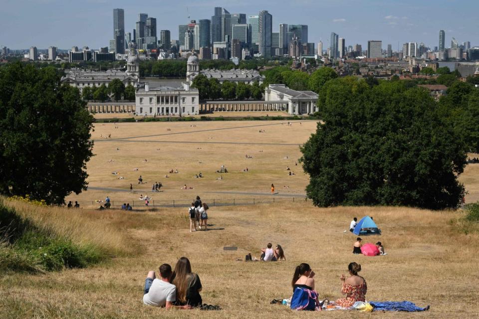 scorchedsummer22a: People look out toward the Old Royal Naval College, and the Canary Wharf financial district, past the sun-scorched grass in Greenwich Park, south east London (AFP via Getty Images)