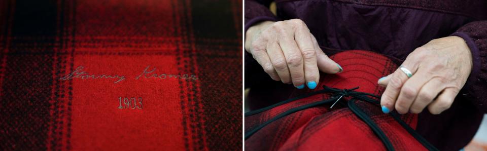 LEFT: An embroidery machine embroidered the iconic Stormy Kromer 1903 label on the fabric of a Storrmy Kromer hat at Jacquart Fabric Products, home of Stormy Kromer, in Ironwood on Thursday, Jan. 4, 2024. RIGHT: Mary Maatta, 61, of Ramsay, ties the iconic knot on the Original Stormy Kromer, the red and black hat, and makes a final inspection of the hats in the Jacquart Fabric Products, home of Stormy Kromer, manufacturing facility in Ironwood on Thursday, Jan. 4, 2024.