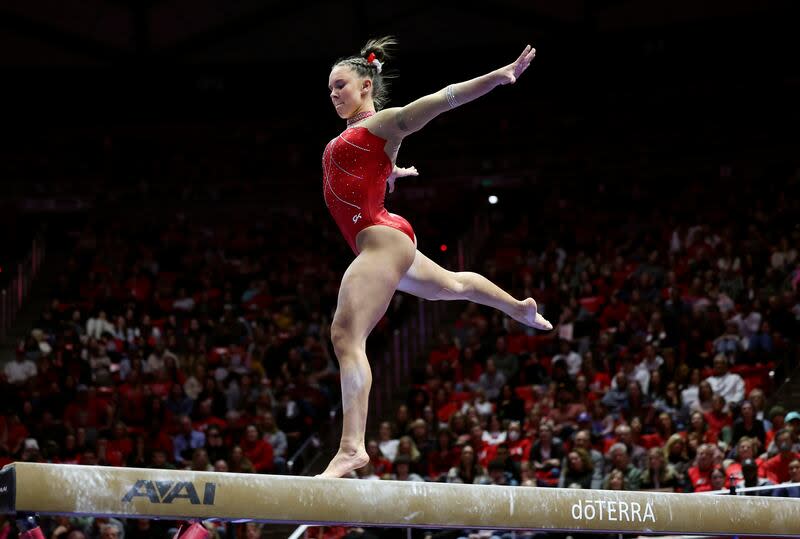 Utah's Maile O'Keefe competes on the beam as No. 4 Utah takes on No. 5 UCLA at the Jon M. Huntsman Center in Salt Lake City on Friday, Feb. 3, 2023. | Laura Seitz, Deseret News