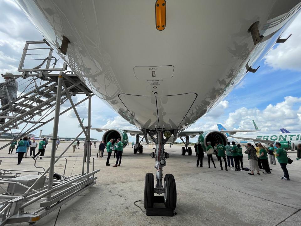 Undernearth Frontier Airlines' new A321neo.