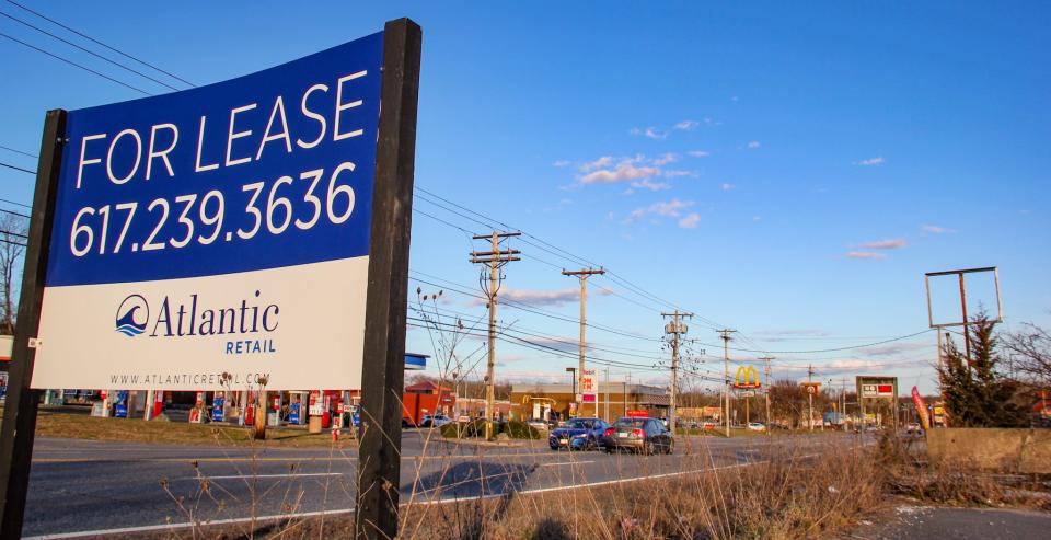 A sign advertises retail space that has long been for lease on Route 6 in Swansea, on Sunday, March 17, 2024.
