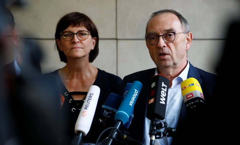 Saskia Esken and Norbert Walter-Borjans of Social Democratic Party (SPD) give a statement to the media in Berlin