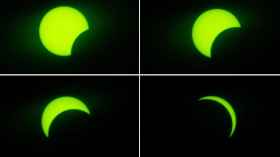 A sequence of photos shows the sun being eclipsed by the moon from Overland Park on Monday. Starting from top left, the eclipse started around 12:40 p.m. and reached 89% totality at 1:54 p.m.