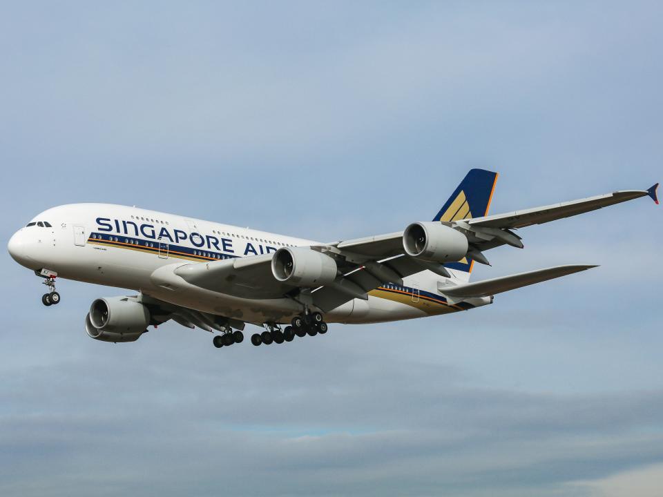 Singapore Airlines Airbus A380, specifically A380-841 aircraft as seen on final approach landing at New York JFK, John F. Kennedy International Airport on 14 November 2019